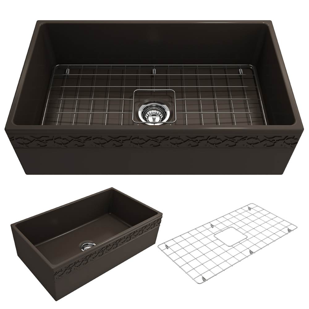 BOCCHI Vigneto Apron Front Fireclay 33 in. Single Bowl Kitchen Sink with Protective Bottom Grid and Strainer in Matte Brown